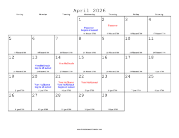 April 2026 Calendar with Jewish equivalents 
