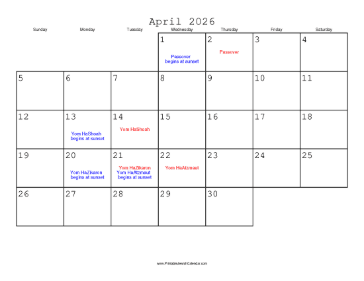 April 2026 Calendar with Jewish holidays 