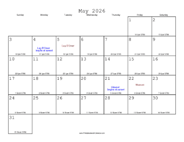 May 2026 Calendar with Jewish equivalents 