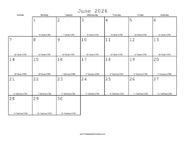 June 2026 Calendar with Jewish equivalents 