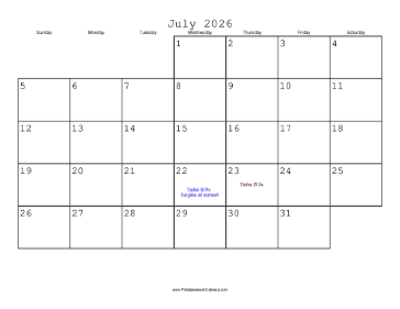 July 2026 Calendar with Jewish holidays 