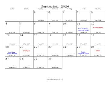 September 2026 Calendar with Jewish equivalents 
