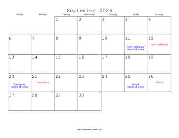 September 2026 Calendar with Jewish holidays 