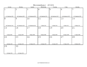 November 2026 Calendar with Jewish equivalents 