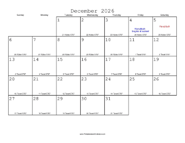 December 2026 Calendar with Jewish equivalents 