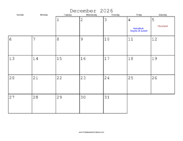 December 2026 Calendar with Jewish holidays 