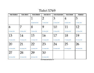 Tishri 5769 Calendar with Gregorian equivalents 