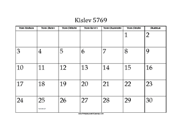 Kislev 5769 Calendar 