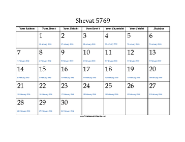 Shevat 5769 Calendar with Gregorian equivalents 