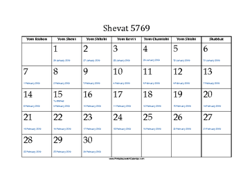 Shevat 5769 Calendar with Jewish holidays and Gregorian equivalents 