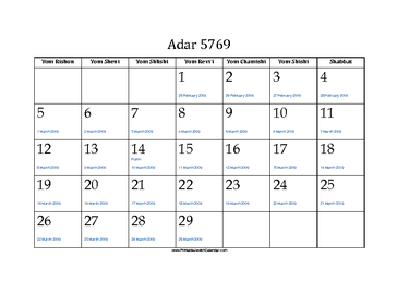 Adar 5769 Calendar with Jewish holidays and Gregorian equivalents 