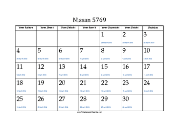 Nissan 5769 Calendar with Gregorian equivalents 