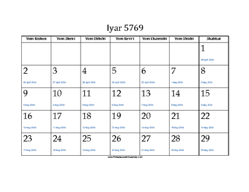 Iyar 5769 Calendar with Gregorian equivalents 