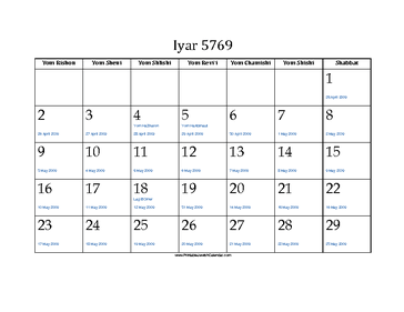 Iyar 5769 Calendar with Jewish holidays and Gregorian equivalents 
