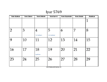 Iyar 5769 Calendar 