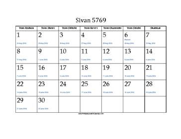 Sivan 5769 Calendar with Jewish holidays and Gregorian equivalents 