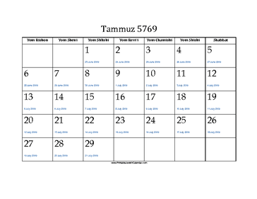 Tammuz 5769 Calendar with Gregorian equivalents 