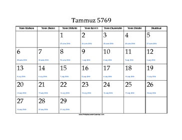 Tammuz 5769 Calendar with Jewish holidays and Gregorian equivalents 