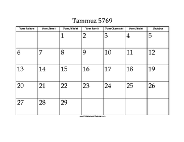 Tammuz 5769 Calendar 