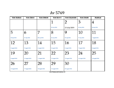 Av 5769 Calendar with Gregorian equivalents 