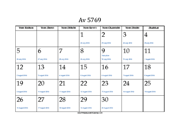 Av 5769 Calendar with Jewish holidays and Gregorian equivalents 