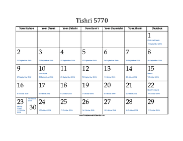 Tishri 5770 Calendar with Jewish holidays and Gregorian equivalents 