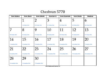 Cheshvan 5770 Calendar with Jewish holidays and Gregorian equivalents 
