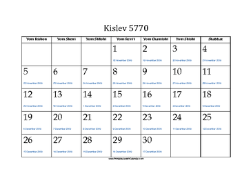 Kislev 5770 Calendar with Gregorian equivalents 