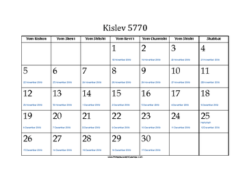 Kislev 5770 Calendar with Jewish holidays and Gregorian equivalents 
