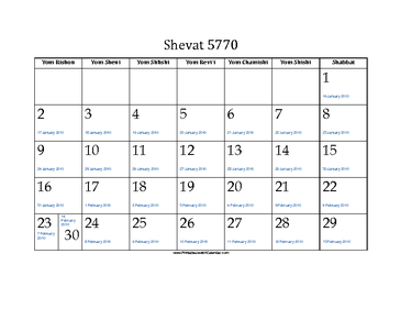 Shevat 5770 Calendar with Gregorian equivalents 