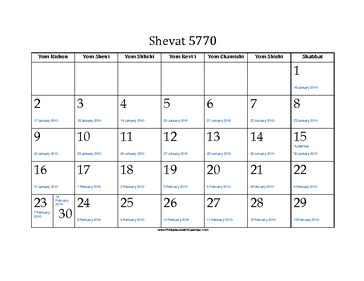 Shevat 5770 Calendar with Jewish holidays and Gregorian equivalents 