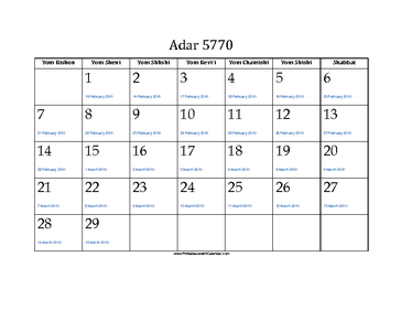 Adar 5770 Calendar with Gregorian equivalents 