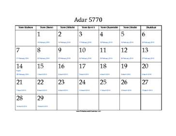 Adar 5770 Calendar with Jewish holidays and Gregorian equivalents 
