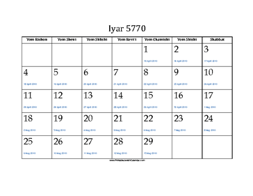 Iyar 5770 Calendar with Gregorian equivalents 