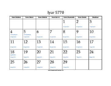 Iyar 5770 Calendar with Jewish holidays and Gregorian equivalents 