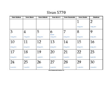 Sivan 5770 Calendar with Jewish holidays and Gregorian equivalents 