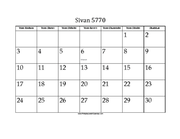 Sivan 5770 Calendar 