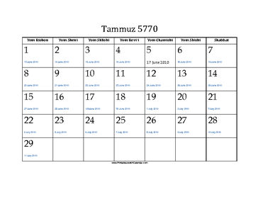 Tammuz 5770 Calendar with Gregorian equivalents 