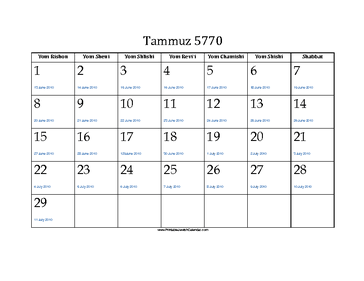 Tammuz 5770 Calendar with Jewish holidays and Gregorian equivalents 