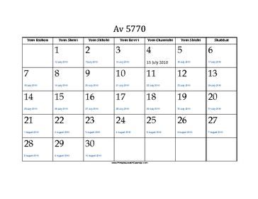 Av 5770 Calendar with Gregorian equivalents 