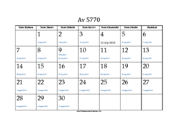 Av 5770 Calendar with Jewish holidays and Gregorian equivalents 