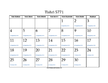 Tishri 5771 Calendar with Gregorian equivalents 