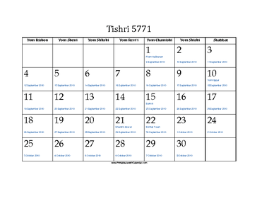Tishri 5771 Calendar with Jewish holidays and Gregorian equivalents 
