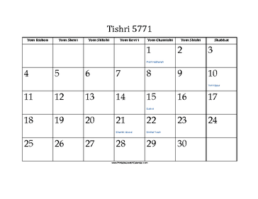 Tishri 5771 Calendar 