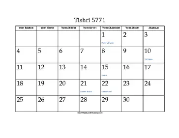 Tishri 5771 Calendar 