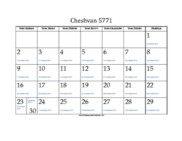 Cheshvan 5771 Calendar with Gregorian equivalents 