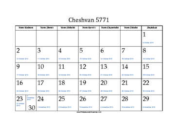 Cheshvan 5771 Calendar with Jewish holidays and Gregorian equivalents 