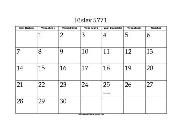 Kislev 5771 Calendar 