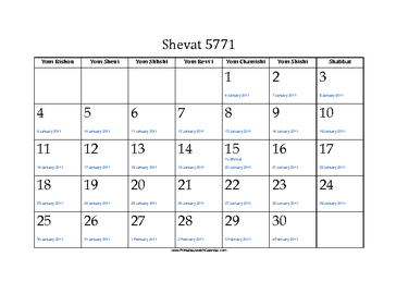 Shevat 5771 Calendar with Jewish holidays and Gregorian equivalents 