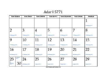 Adar_I 5771 Calendar with Gregorian equivalents 